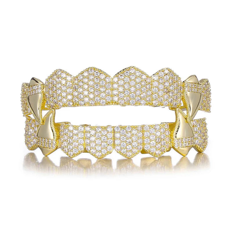 TOPGRILLZ Vampire Bling Full Micro Pave Cubic Zircon Teeth Grillz Caps 8 Top& 8 Bottom Removable Dental Grills For Halloween