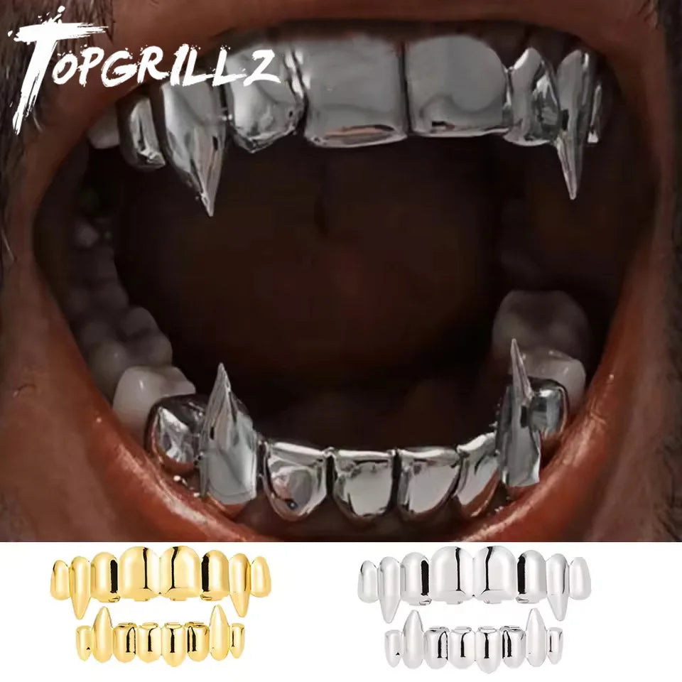 TOPGRILLZ Hip Hop 8/8 Vampire Fangs Glossy Teeth Grillz Top Bottom Mouth Tooth Caps For Women Men Jewelry Halloween Cosplay Gift