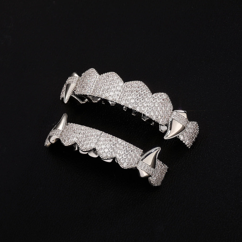 TOPGRILLZ Vampire Bling Full Micro Pave Cubic Zircon Teeth Grillz Caps 8 Top& 8 Bottom Removable Dental Grills For Halloween