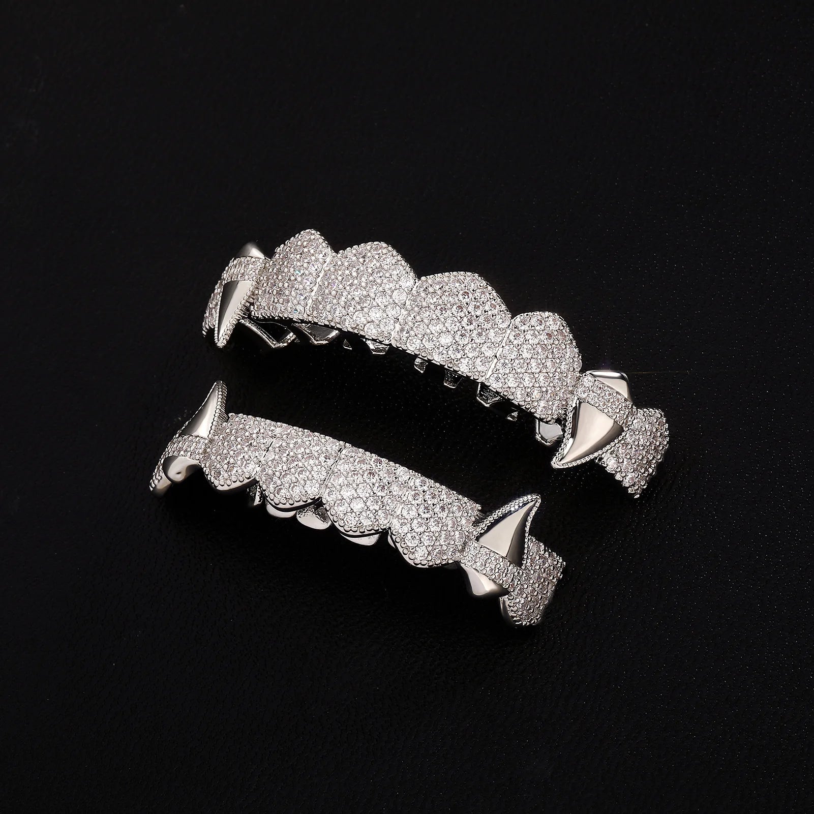 TOPGRILLZ Vampire Bling Full Micro Pave Cubic Zircon Teeth Grillz Caps 8 Top& 8 Bottom Removable Dental Grills For Halloween