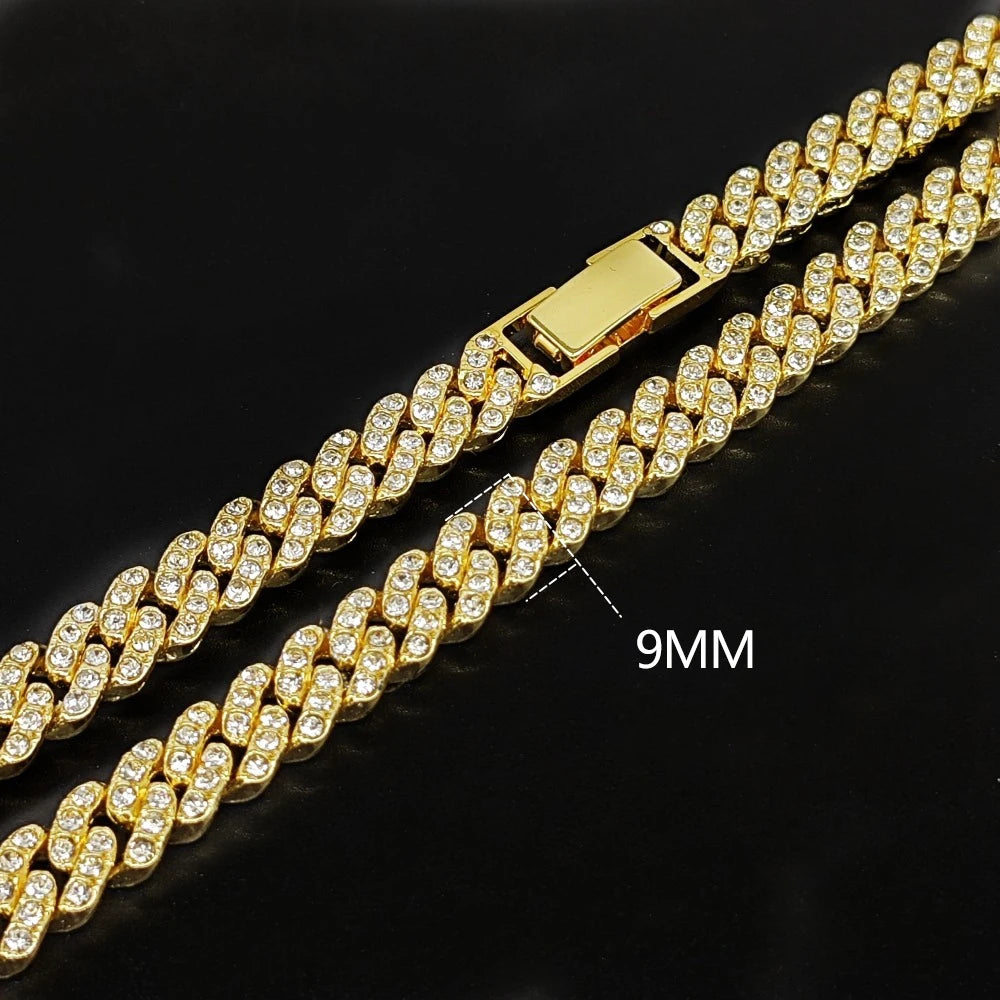 New 9MM Hip Hop Men Women Prong Cuban Link Chain Necklace Bling Iced Out 1 Row Rhinestone Paved Miami Cuban Chain Jewelry Gift