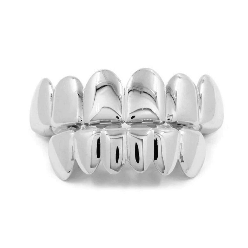TOPGRILLZ Glossy Gold Silver Plated Hip Hop Teeth Grillz 6 Top &6 Bottom Grills Set With silicone Shiny Vampire Tooth Sets