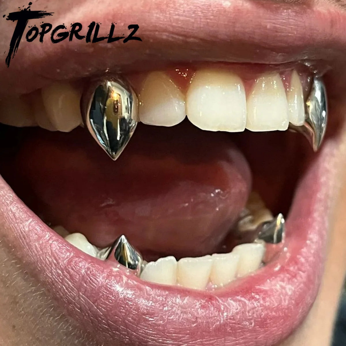 TOPGRILLZ Glossy Vampire Fangs Teeth Grillz Hip Hop 14K Gold Plated Single Tooth Caps Dental Grills Halloween Cosplay Jewelry