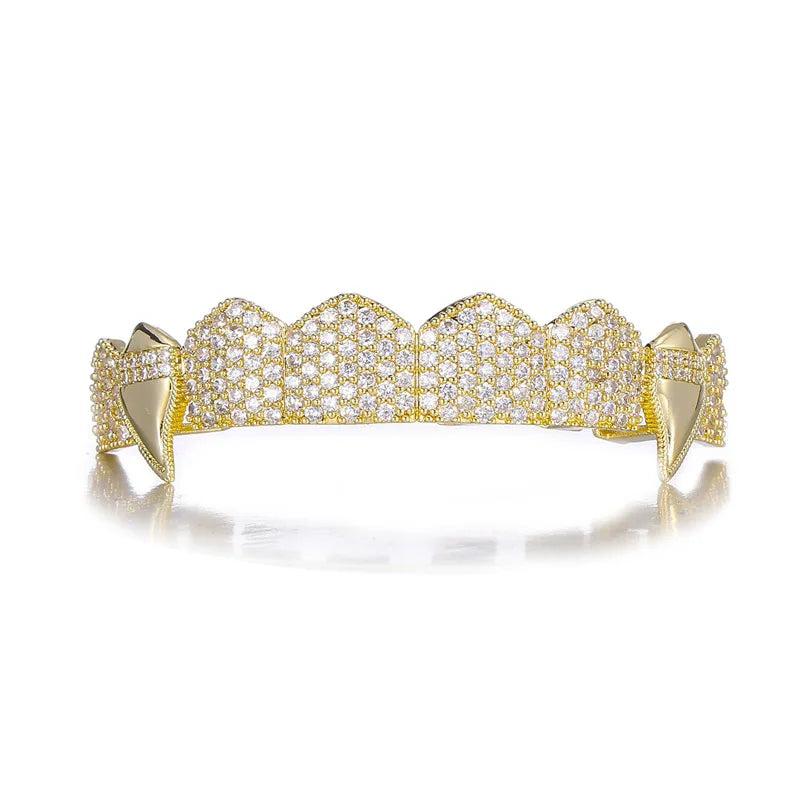 TOPGRILLZ Vampire Bling Full Micro Pave Cubic Zircon Teeth Grillz Caps 8 Top& 8 Bottom Removable Dental Grills For Halloween
