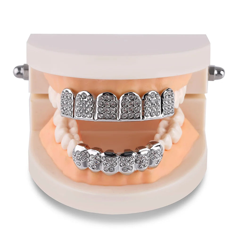 TOPGRILLZ Fashion Hip Hop Gold Silver Color Iced Out CZ Stones Teeth Grillz Top Bottom Teeth Braces For Men Women Jewelry Gifts