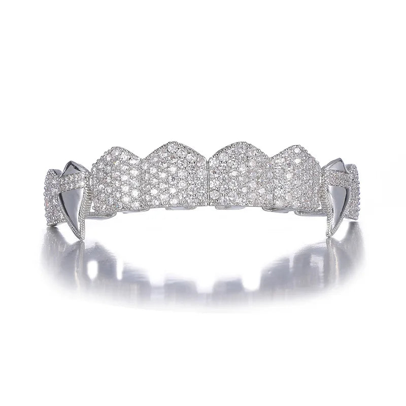 TOPGRILLZ Vampire Bling Full Micro Pave Cubic Zircon Teeth Grillz Caps 8 Top& 8 Bottom Removable Dental Grills For Halloween