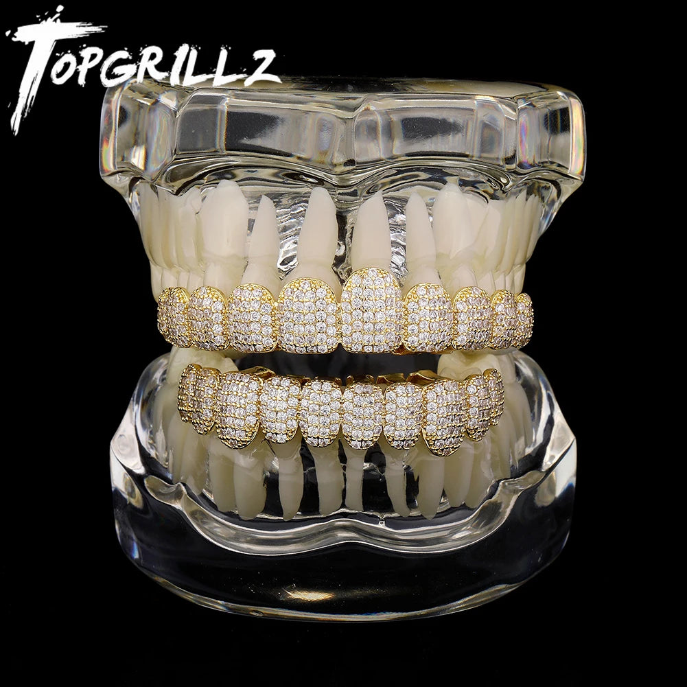 TOPGRILLZ Iced Out Cubic Zirconia Grillz Brace Punk 10/10 Top Bottom Dental Mouth Fang Grills Vampire Tooth Cap Cosplay Jewelry