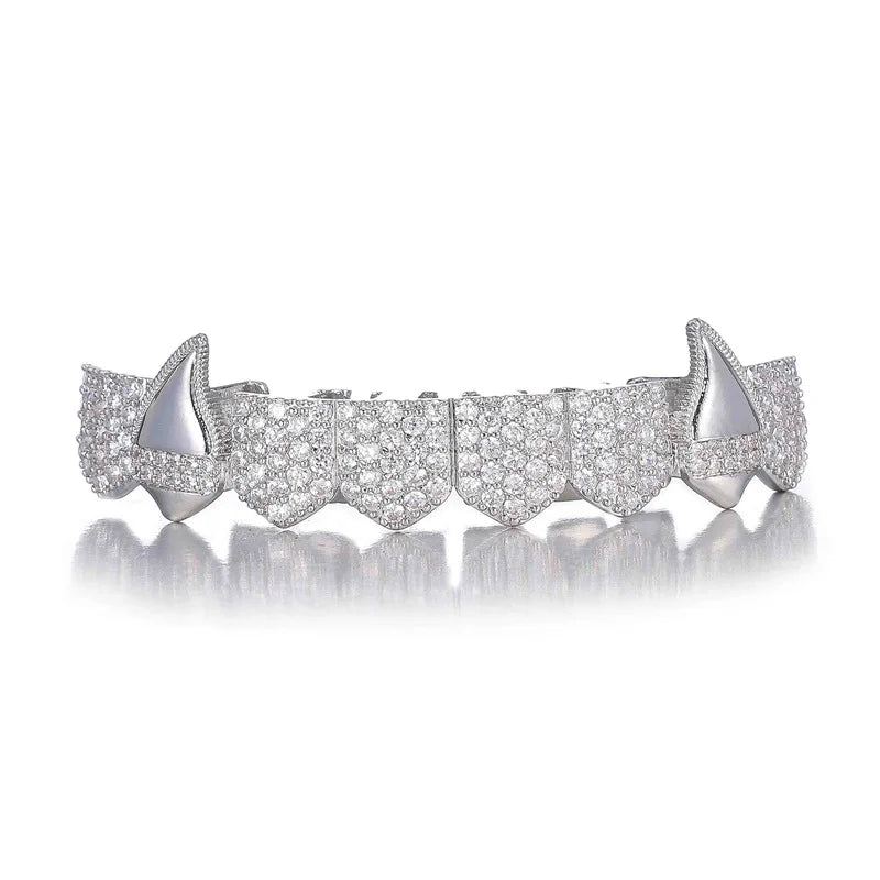 TOPGRILLZ Vampire Bling Full Micro Pave Cubic Zircon Teeth Grillz Caps 8 Top& 8 Bottom Removable Dental Grills For Halloween