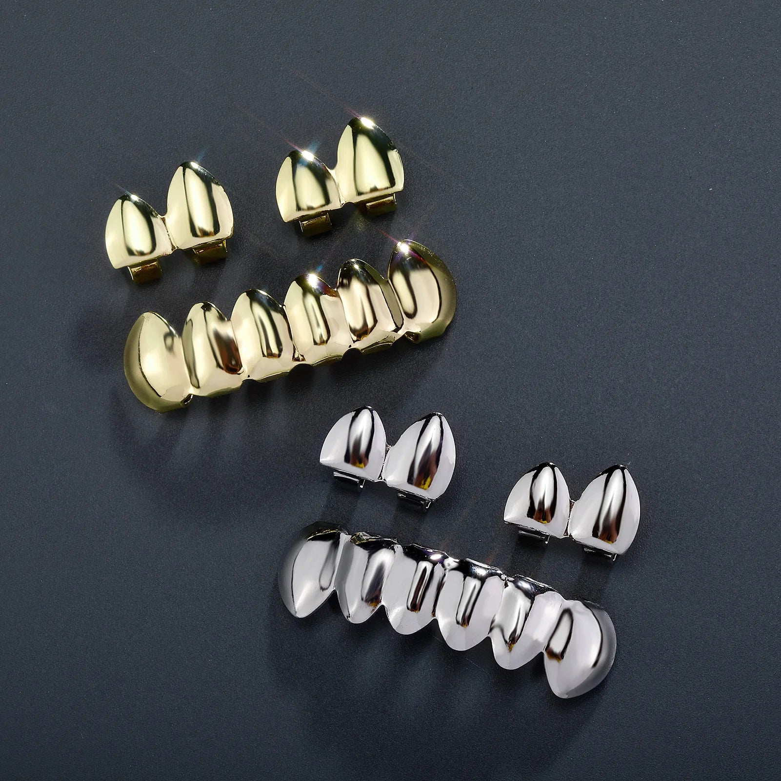 TOPGRILLZ Glossy Teeth Grillz Hip Hop Gold Silver Color Top Bottom Tooth Caps For Women Men Jewelry Halloween Cosplay Gift