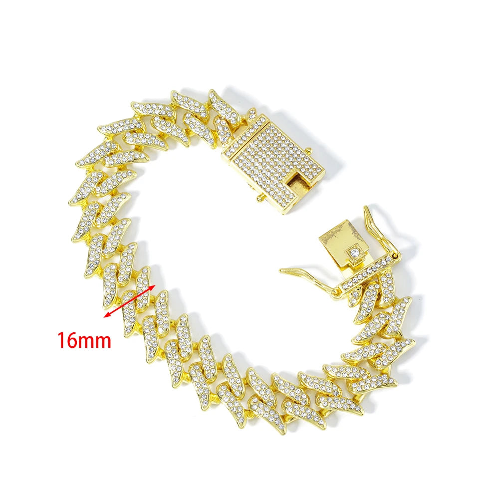 Hip Hop 3pcs Cuban Chain Watch for Men Miami Curb Iced Out Paved Rhinestones Rapper Cuban Necklace Suit Watch Bracelet Jewelry